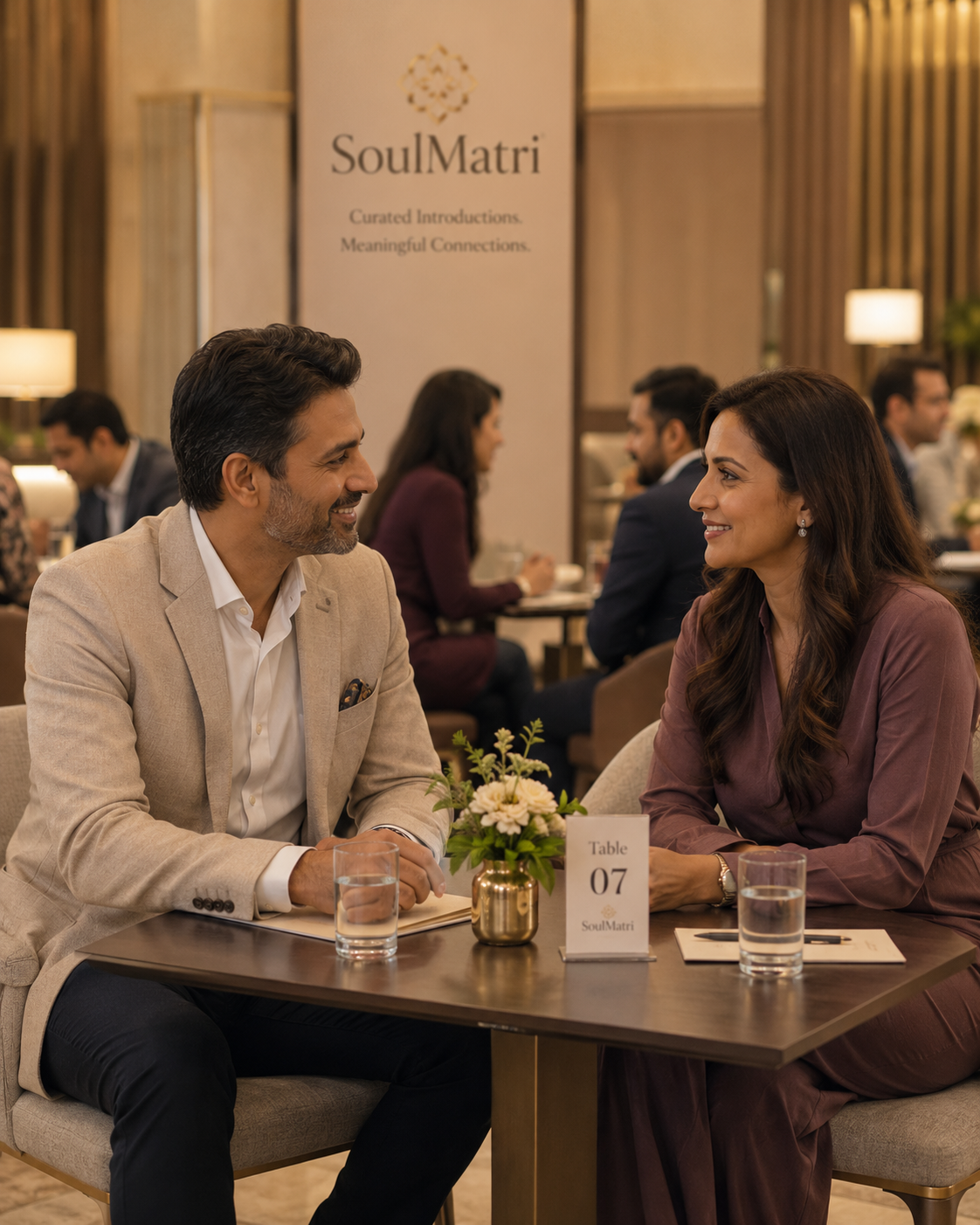 A SoulMatri matrimonial introduction event, with two attendees meeting across a table.